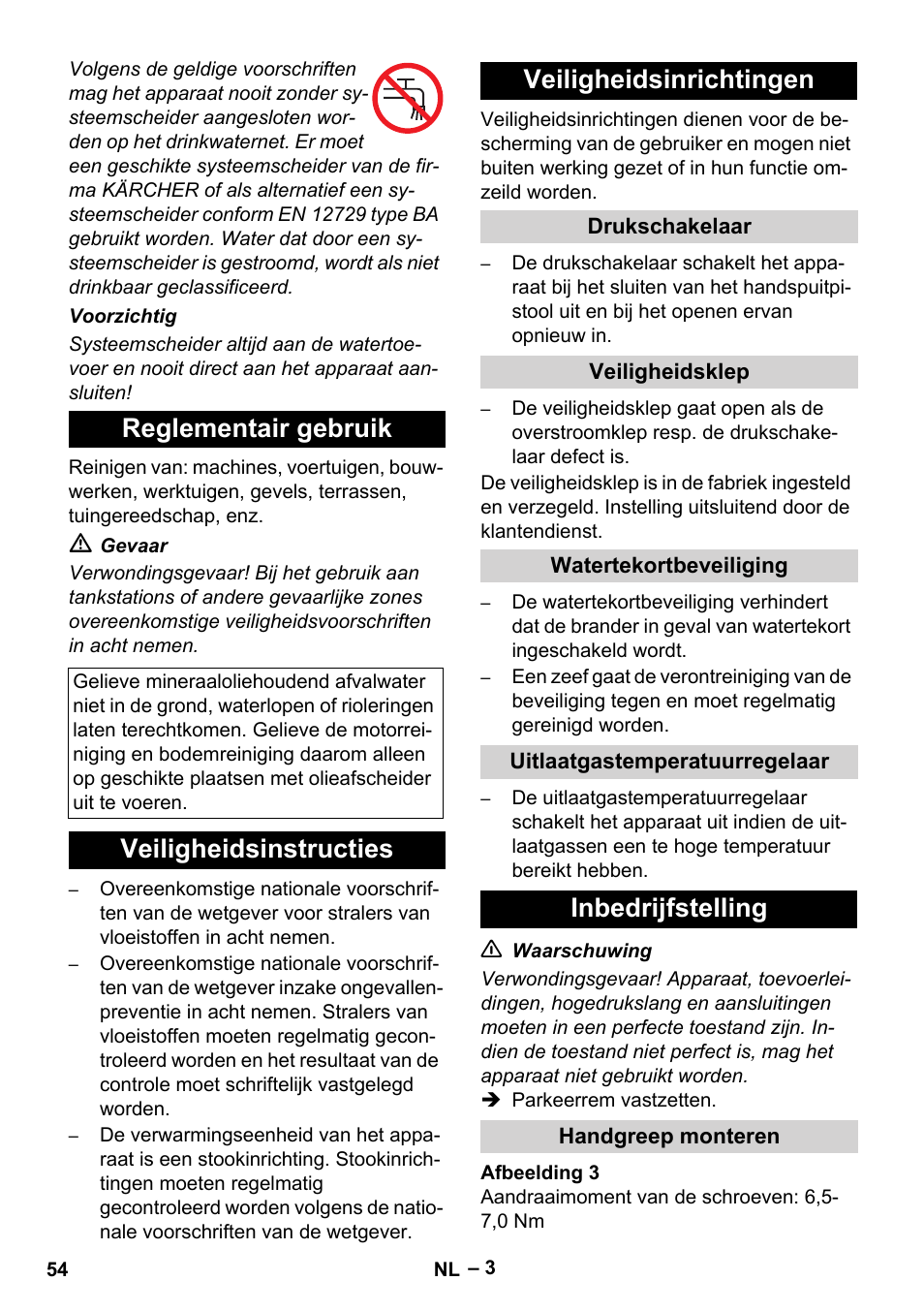 Reglementair gebruik, Veiligheidsinstructies veiligheidsinrichtingen, Inbedrijfstelling | Karcher HDS 5-12 C User Manual | Page 54 / 320