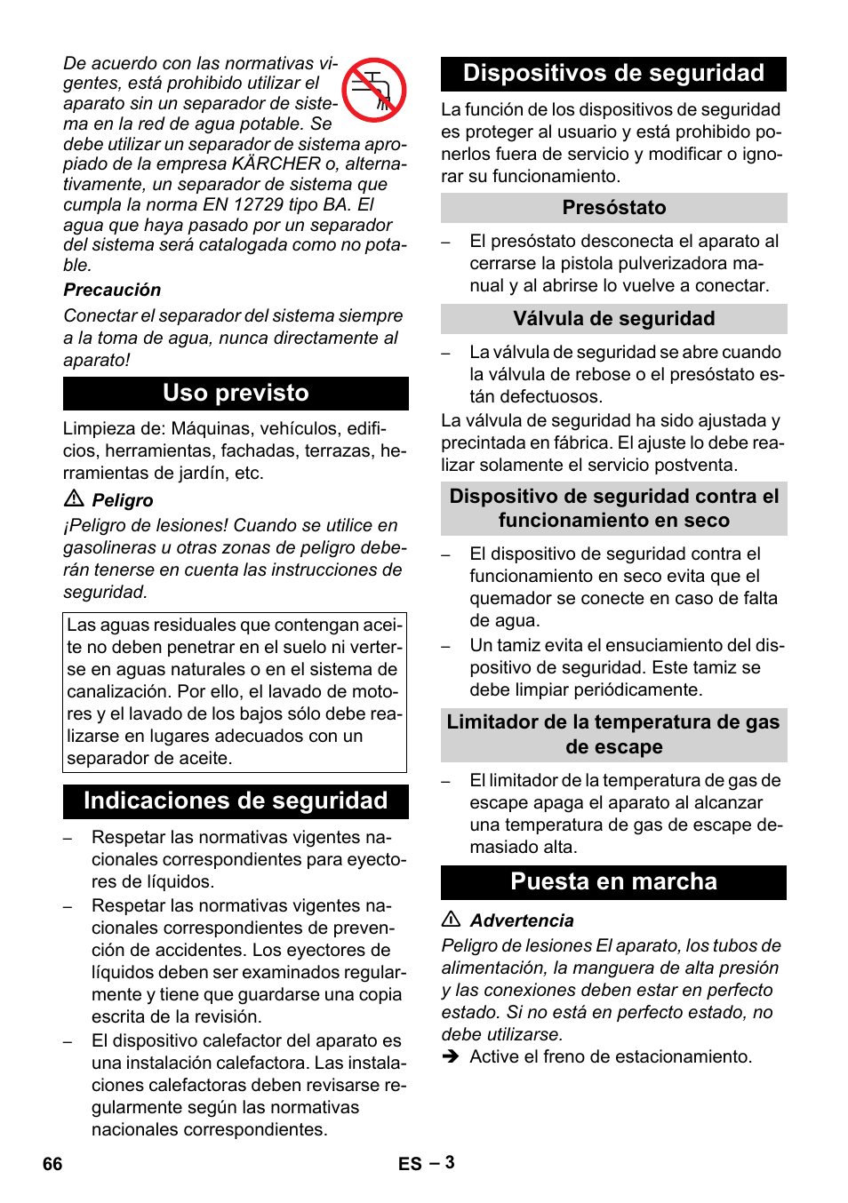 Uso previsto, Puesta en marcha | Karcher HDS 5-12 C User Manual | Page 66 / 320