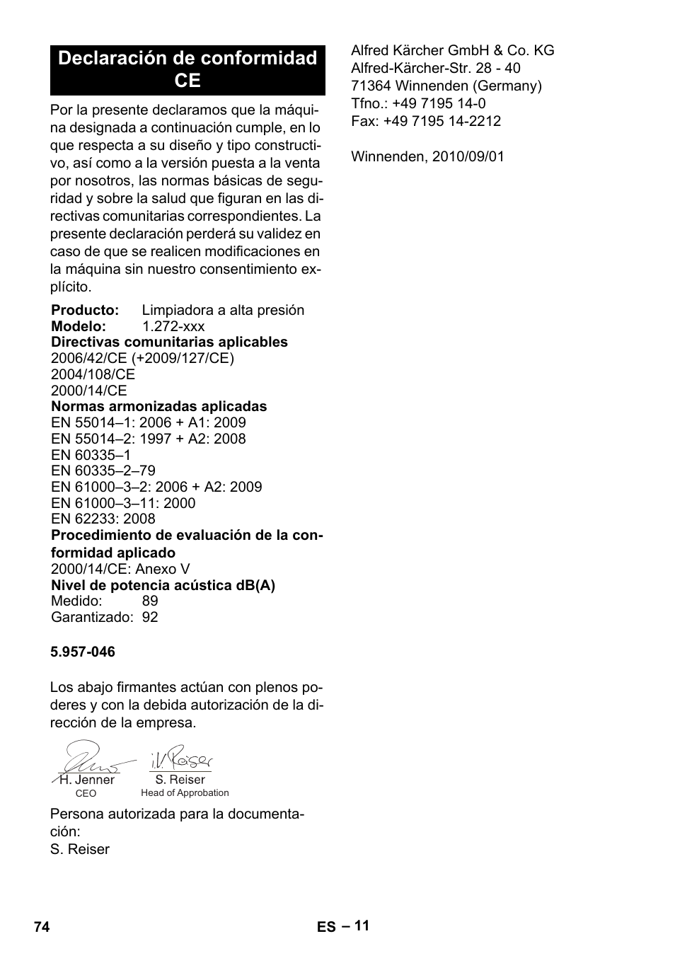 Declaración de conformidad ce | Karcher HDS 5-12 C User Manual | Page 74 / 320