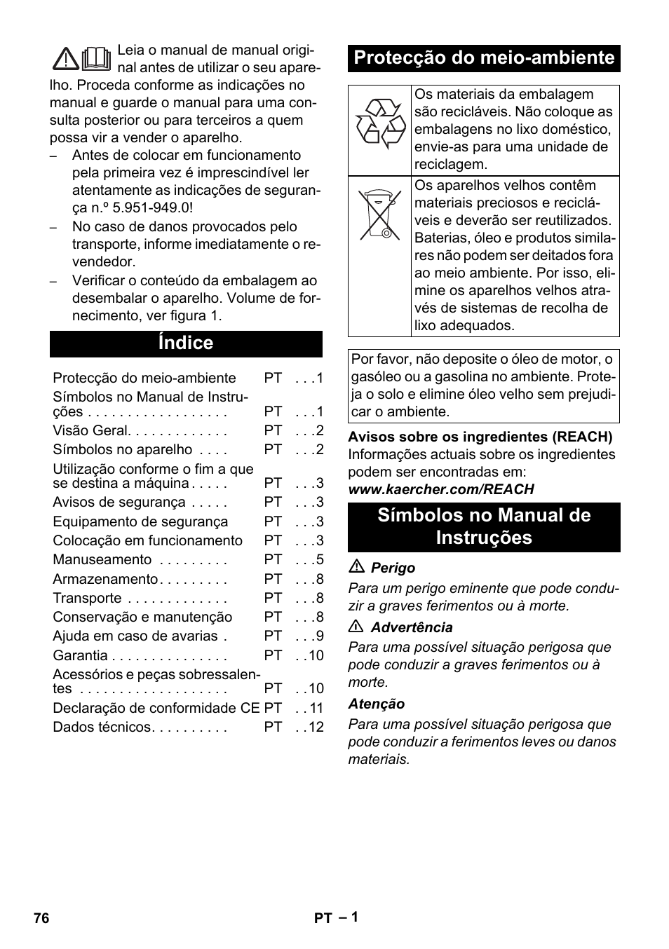 Português, Índice, Protecção do meio-ambiente | Símbolos no manual de instruções | Karcher HDS 5-12 C User Manual | Page 76 / 320