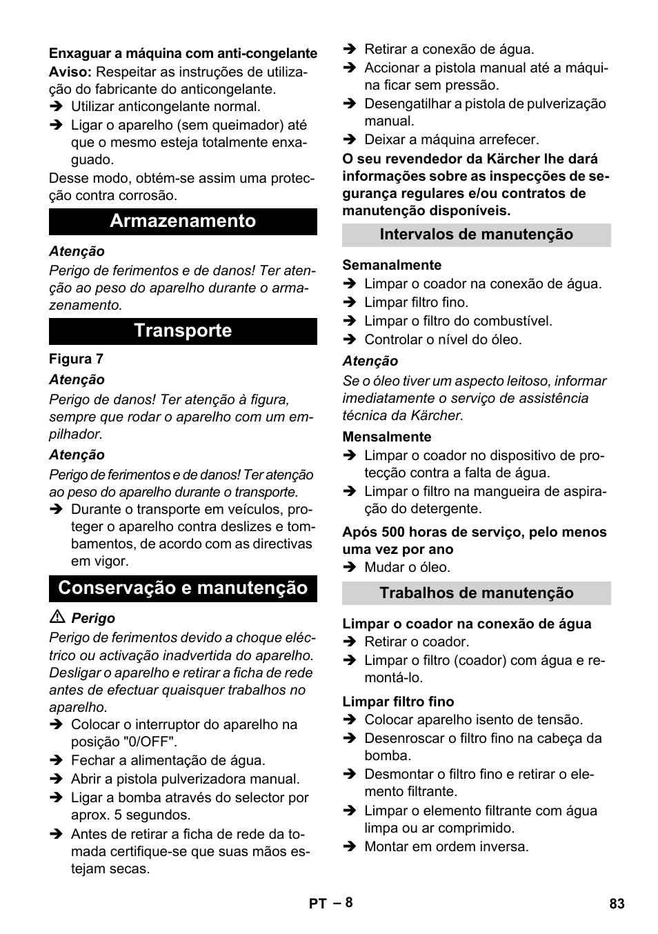 Armazenamento transporte conservação e manutenção | Karcher HDS 5-12 C User Manual | Page 83 / 320