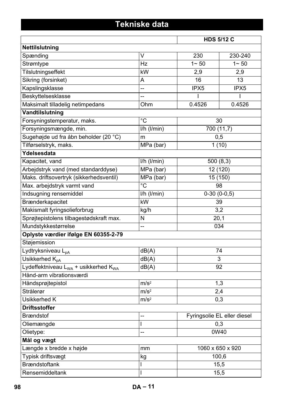 Tekniske data | Karcher HDS 5-12 C User Manual | Page 98 / 320