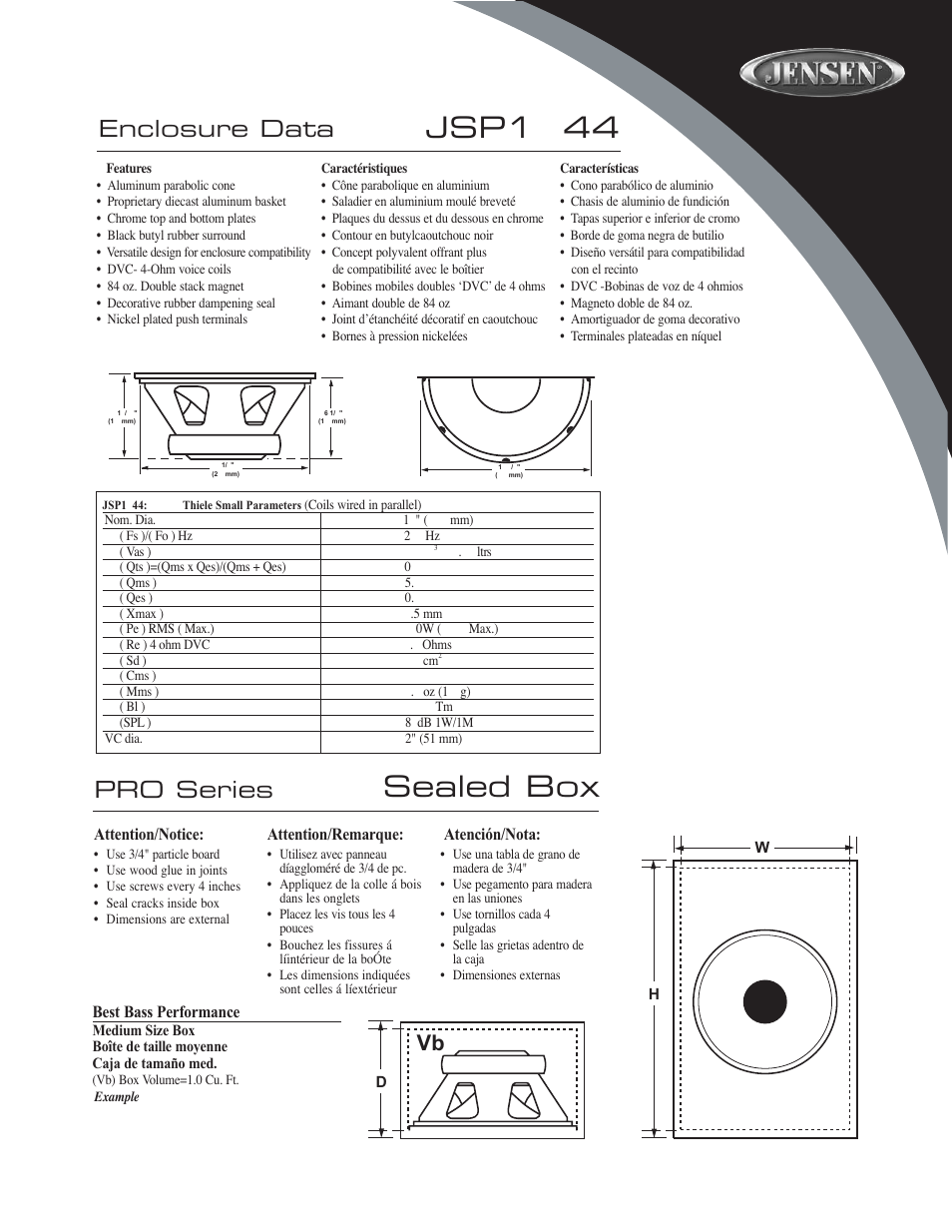 Sealed box, Jsp1 044, Enclosure data pro series | Audiovox JSP1044 User Manual | Page 3 / 4