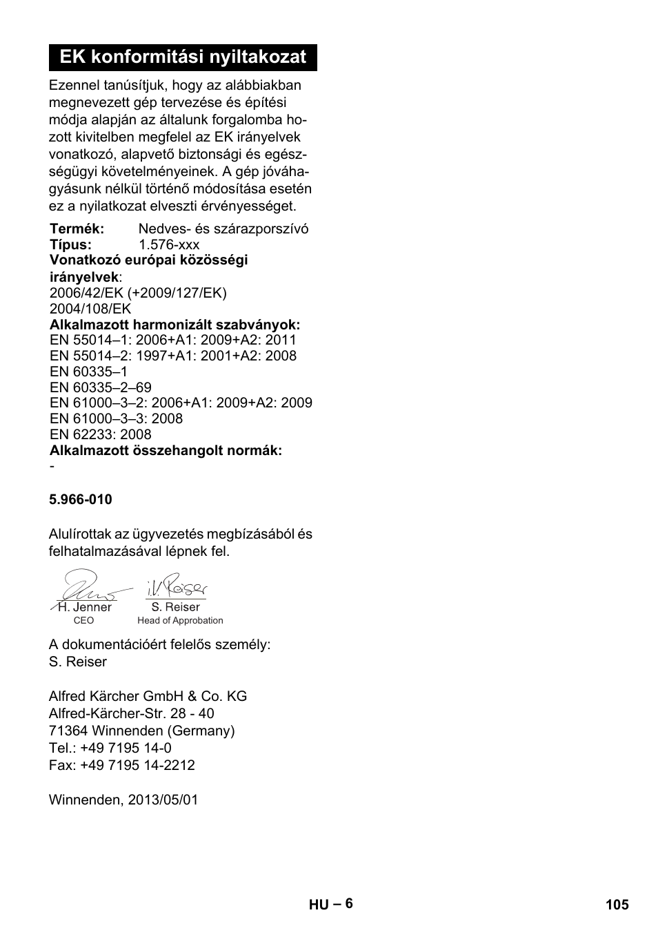 Ek konformitási nyiltakozat | Karcher IVC 60-12-1 Tact EC User Manual | Page 105 / 188