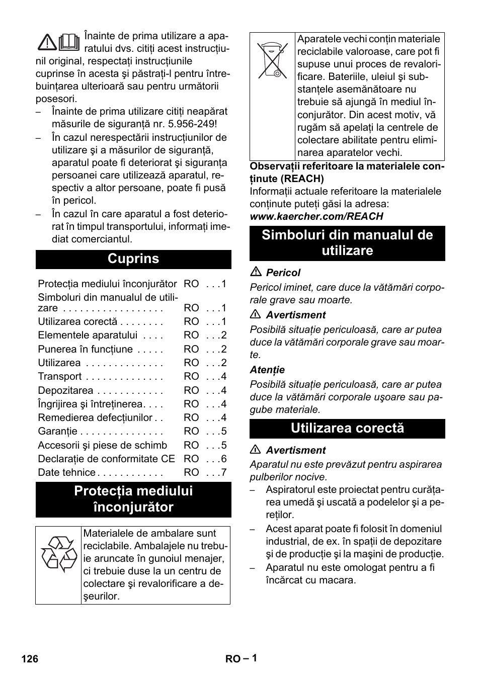 Româneşte, Cuprins, Protecţia mediului înconjurător | Karcher IVC 60-12-1 Tact EC User Manual | Page 126 / 188