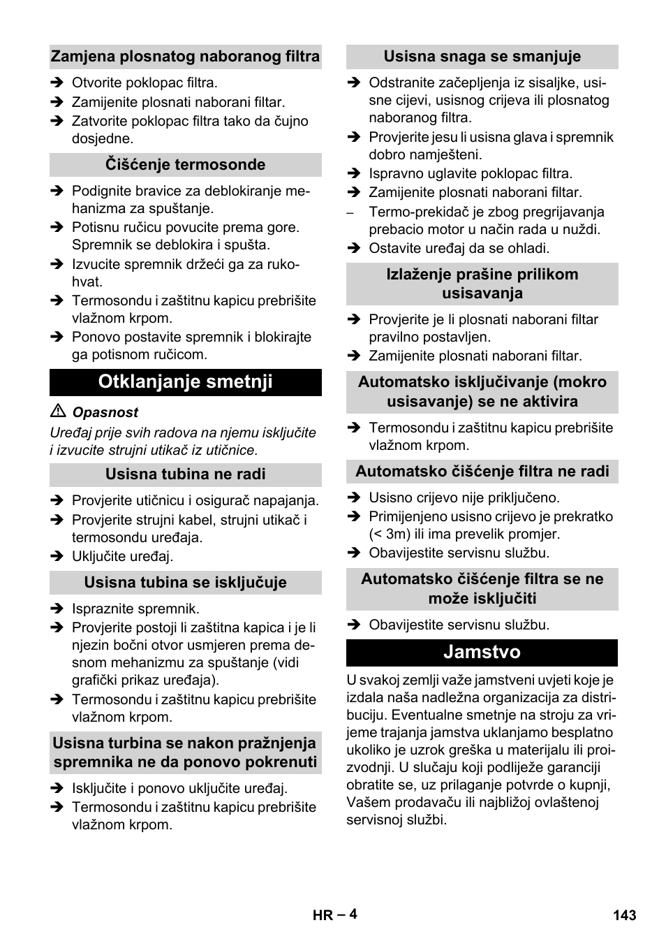 Otklanjanje smetnji, Jamstvo | Karcher IVC 60-12-1 Tact EC User Manual | Page 143 / 188