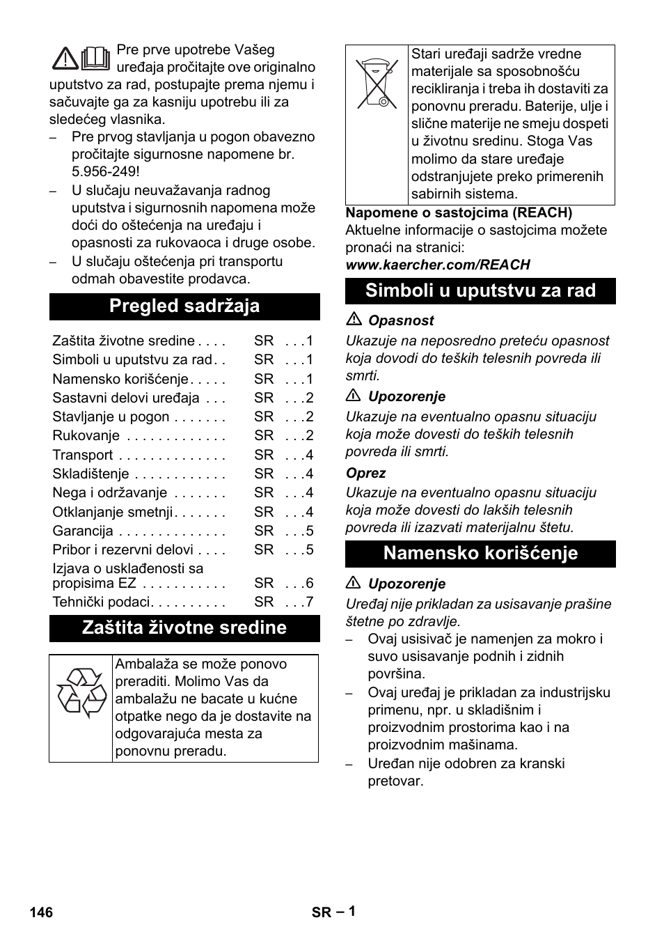 Srpski, Pregled sadržaja, Zaštita životne sredine | Simboli u uputstvu za rad namensko korišćenje | Karcher IVC 60-12-1 Tact EC User Manual | Page 146 / 188
