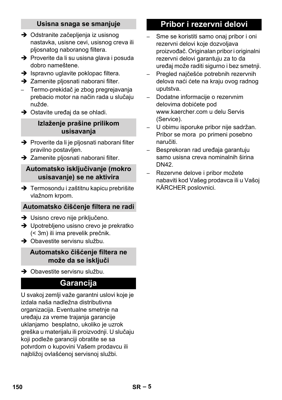 Garancija pribor i rezervni delovi | Karcher IVC 60-12-1 Tact EC User Manual | Page 150 / 188