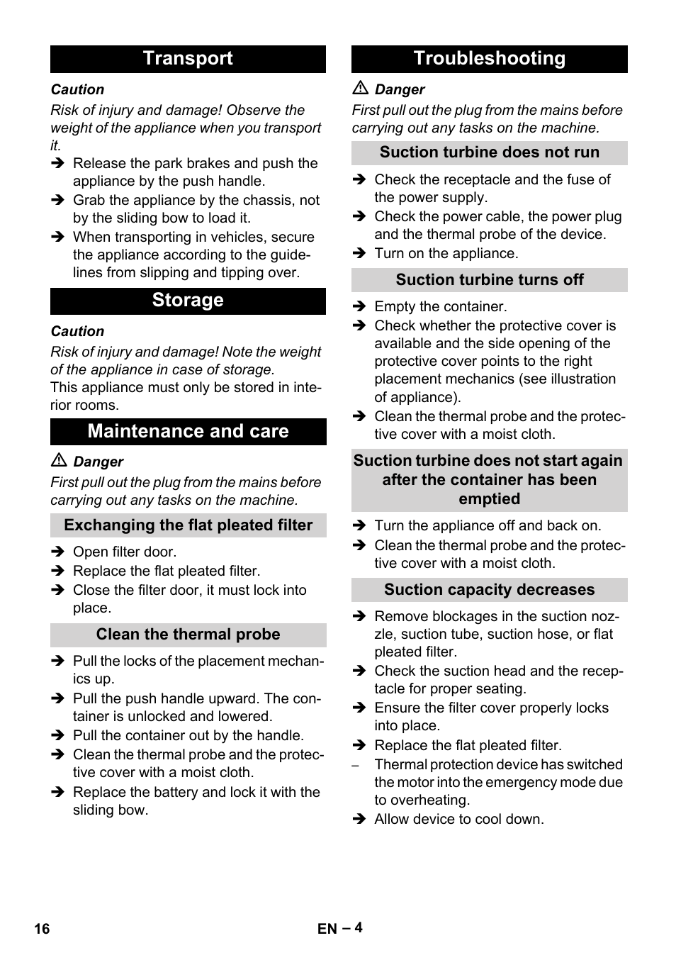 Transport storage maintenance and care, Troubleshooting | Karcher IVC 60-12-1 Tact EC User Manual | Page 16 / 188