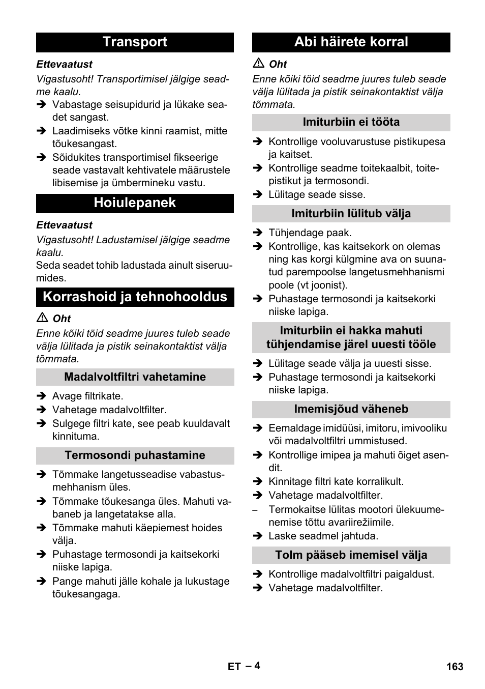 Transport hoiulepanek korrashoid ja tehnohooldus, Abi häirete korral | Karcher IVC 60-12-1 Tact EC User Manual | Page 163 / 188