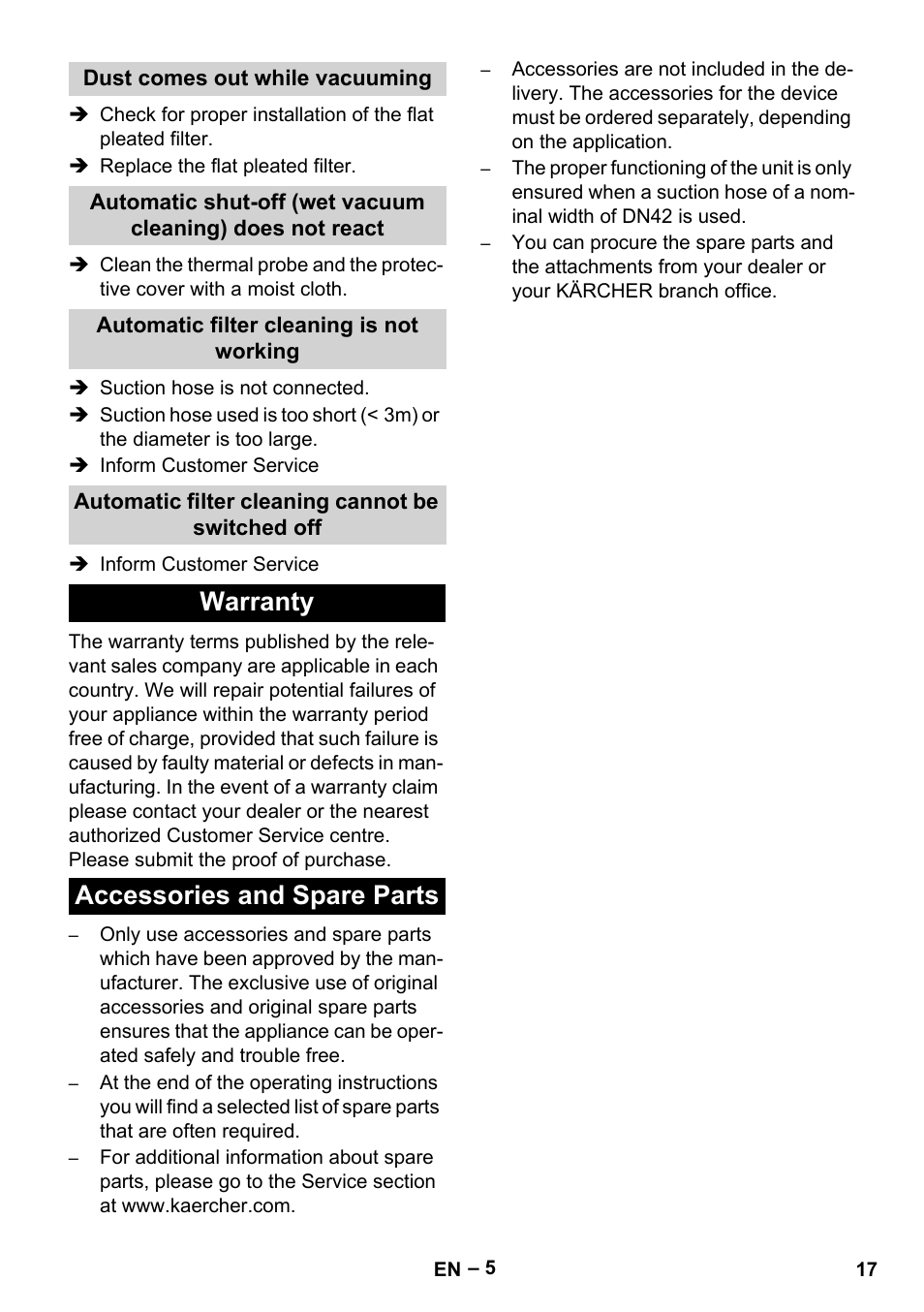 Warranty accessories and spare parts | Karcher IVC 60-12-1 Tact EC User Manual | Page 17 / 188