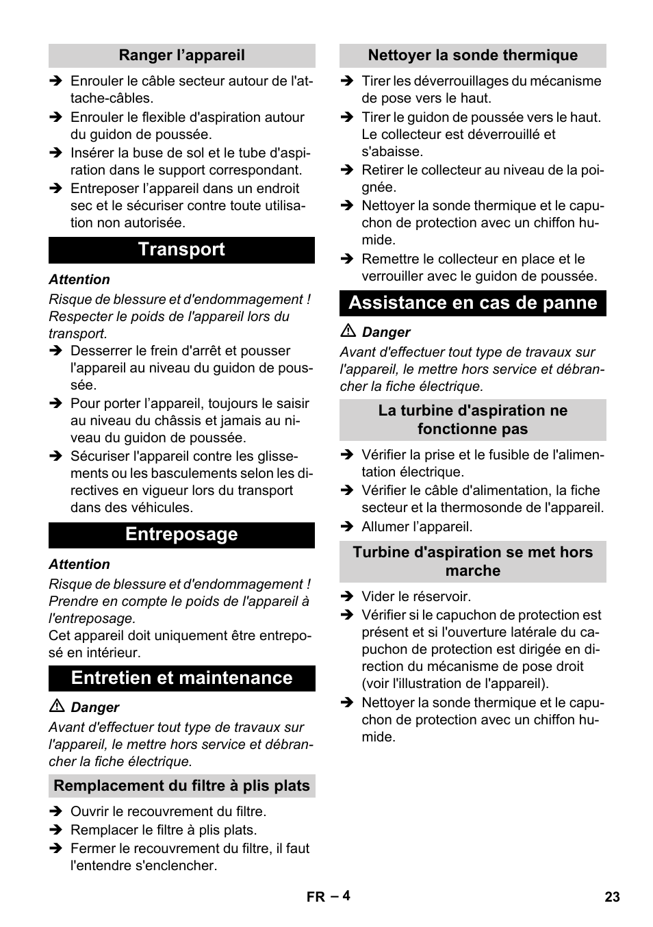 Transport entreposage entretien et maintenance, Assistance en cas de panne | Karcher IVC 60-12-1 Tact EC User Manual | Page 23 / 188