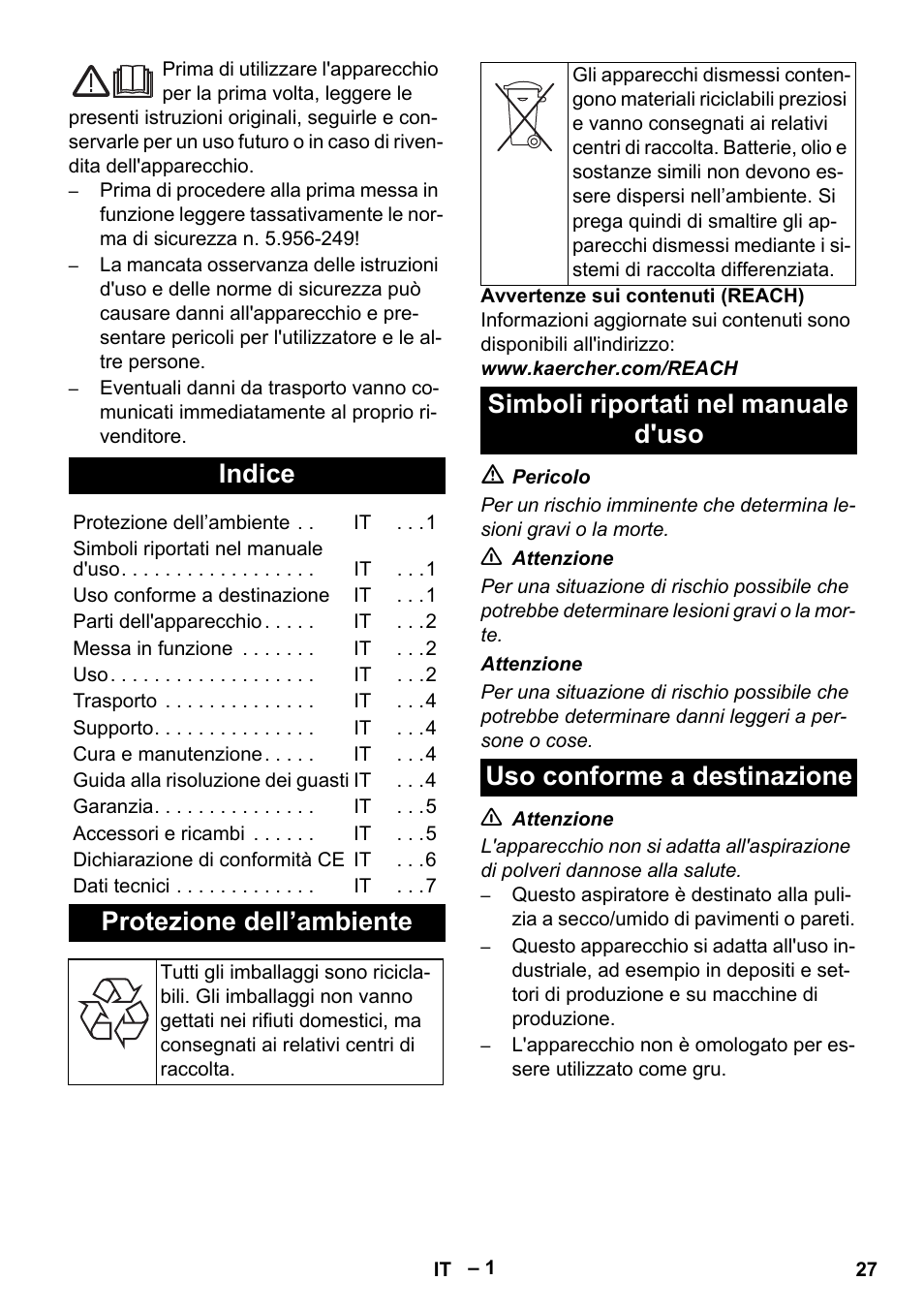 Italiano, Indice, Protezione dell’ambiente | Karcher IVC 60-12-1 Tact EC User Manual | Page 27 / 188