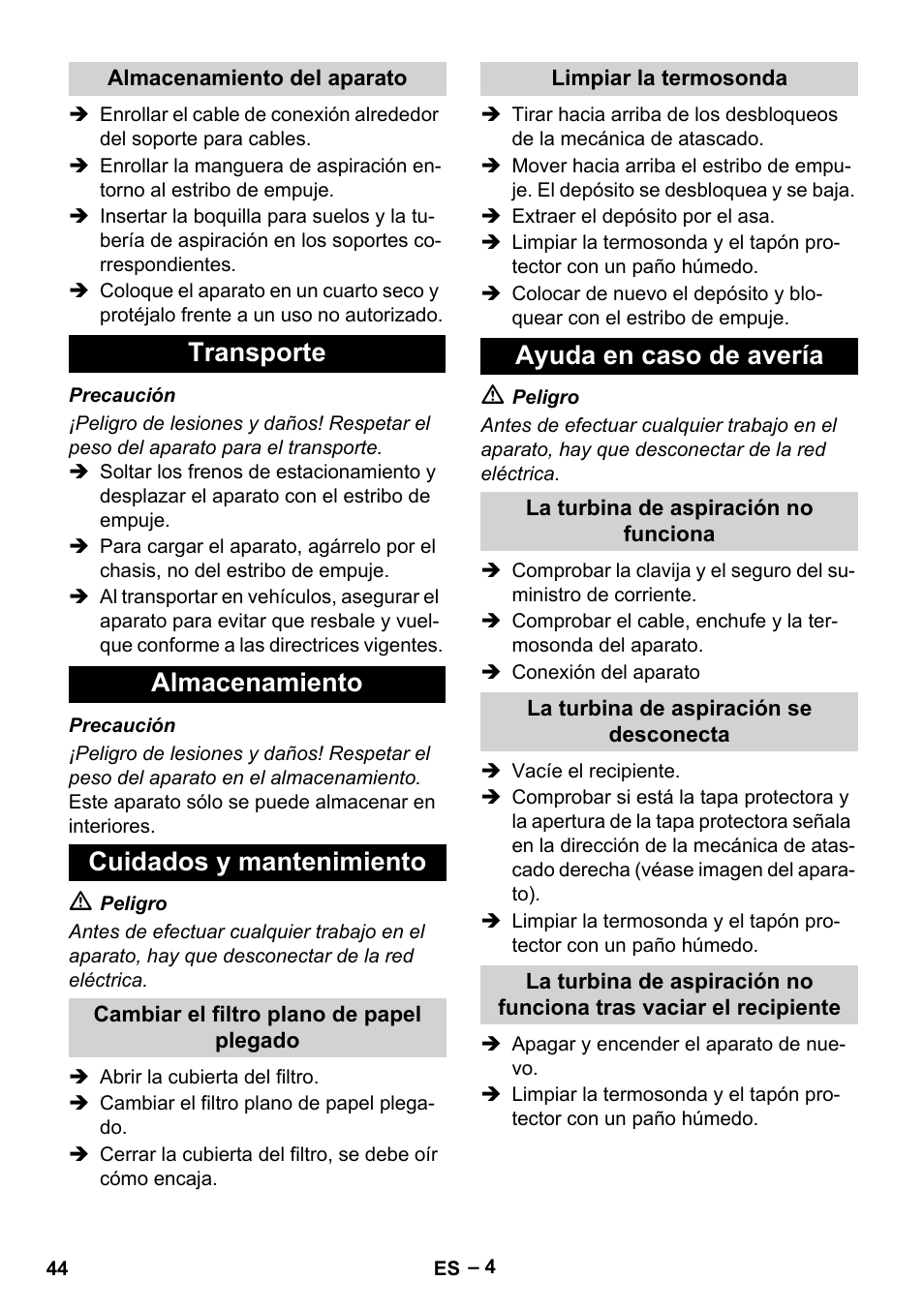 Transporte almacenamiento cuidados y mantenimiento, Ayuda en caso de avería | Karcher IVC 60-12-1 Tact EC User Manual | Page 44 / 188