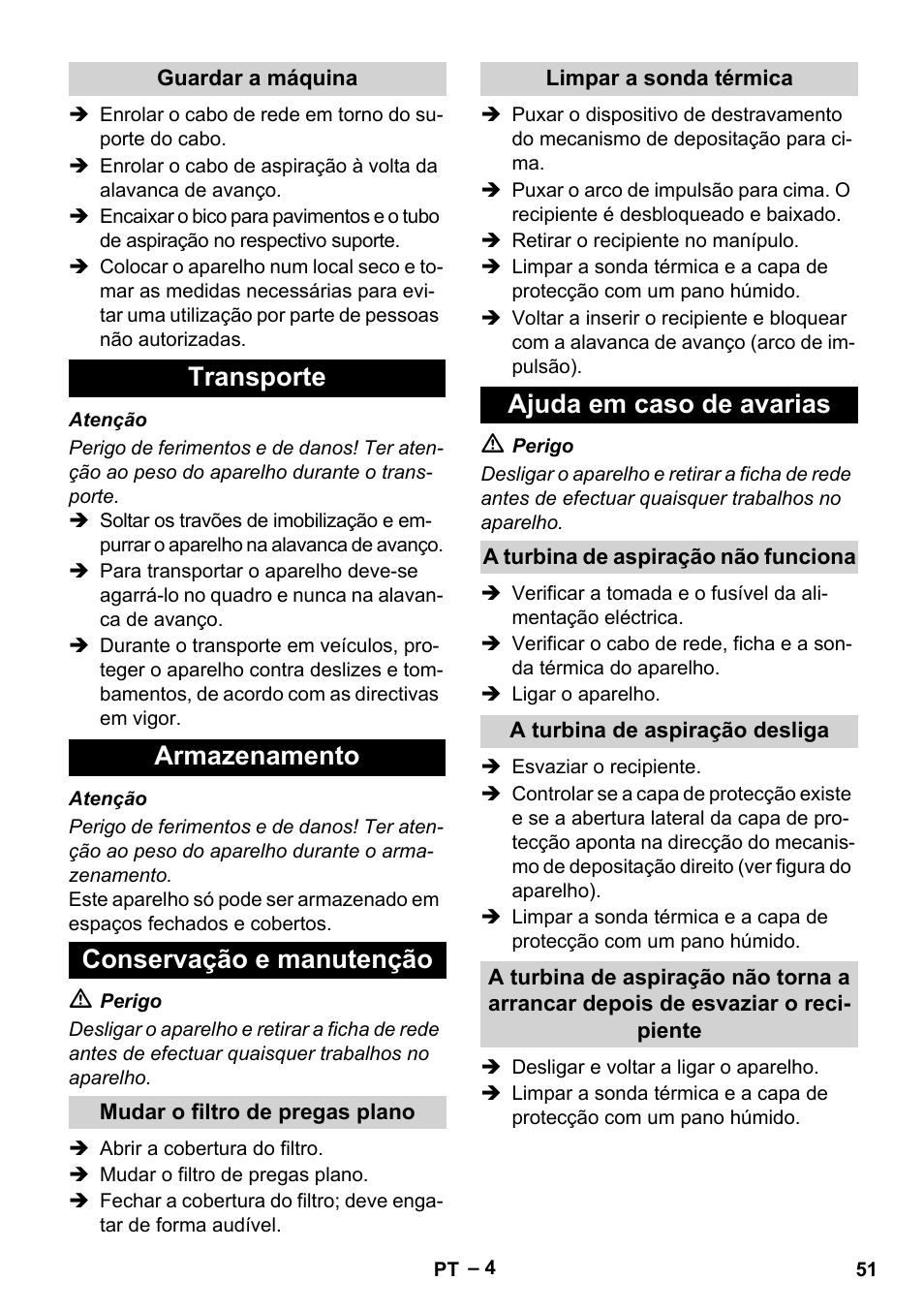 Transporte armazenamento conservação e manutenção, Ajuda em caso de avarias | Karcher IVC 60-12-1 Tact EC User Manual | Page 51 / 188