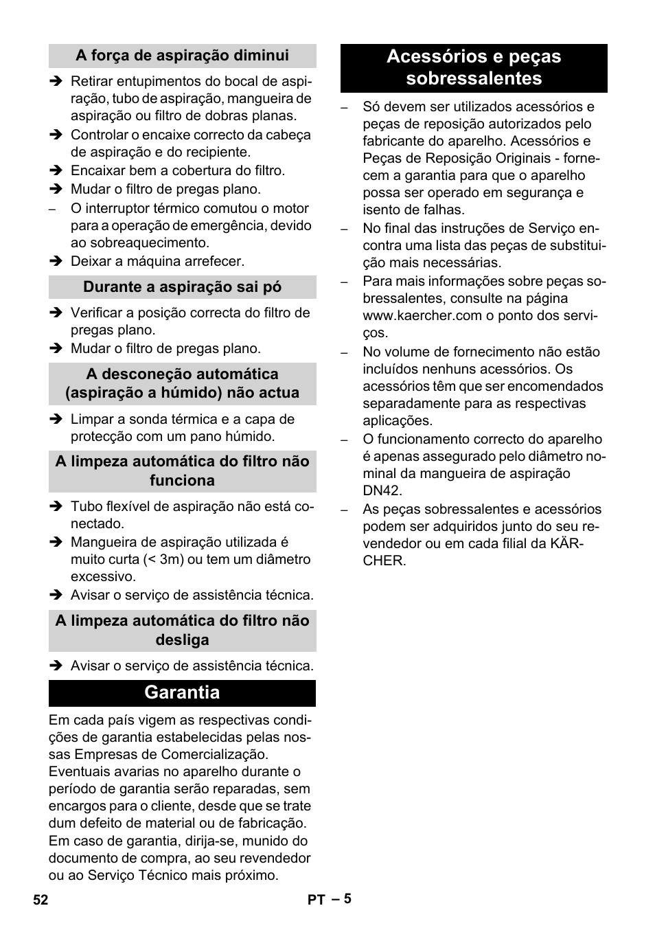 Garantia acessórios e peças sobressalentes | Karcher IVC 60-12-1 Tact EC User Manual | Page 52 / 188