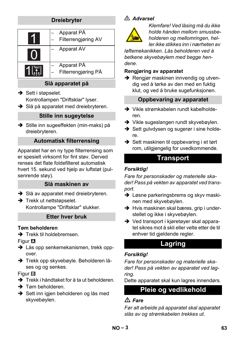 Transport lagring pleie og vedlikehold | Karcher IVC 60-12-1 Tact EC User Manual | Page 63 / 188