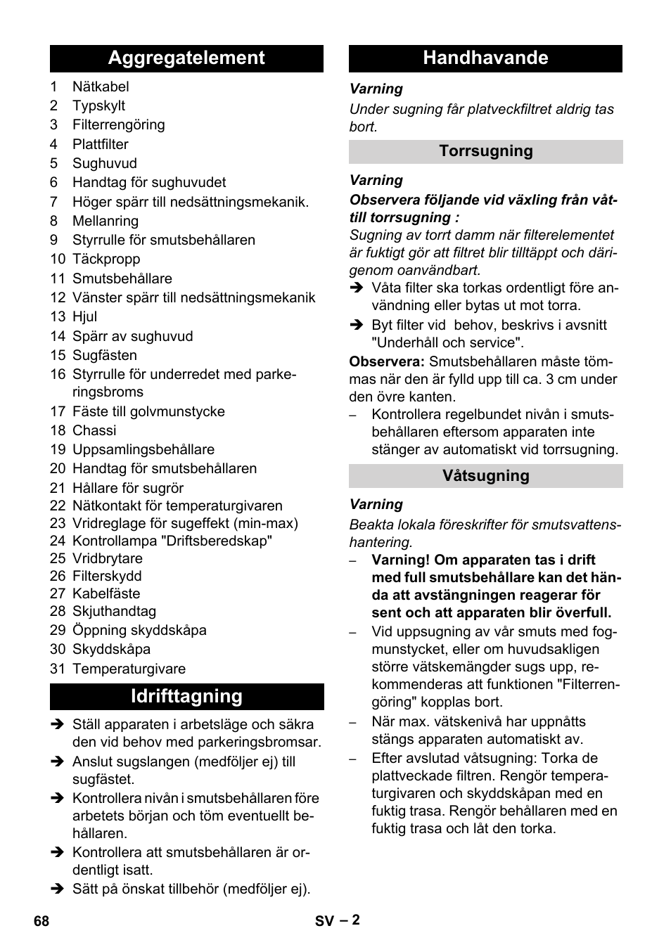 Aggregatelement idrifttagning handhavande | Karcher IVC 60-12-1 Tact EC User Manual | Page 68 / 188