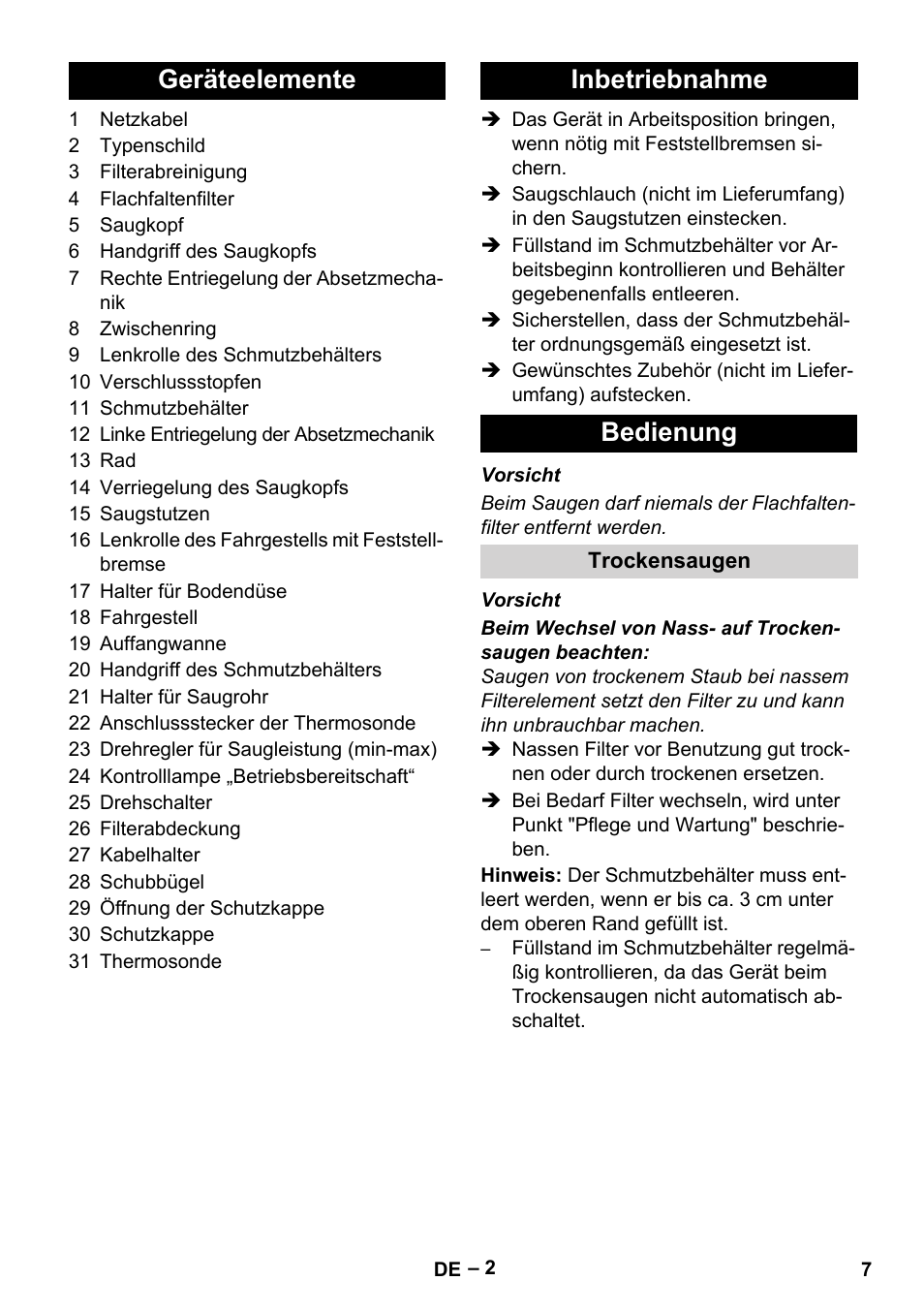 Geräteelemente inbetriebnahme bedienung | Karcher IVC 60-12-1 Tact EC User Manual | Page 7 / 188