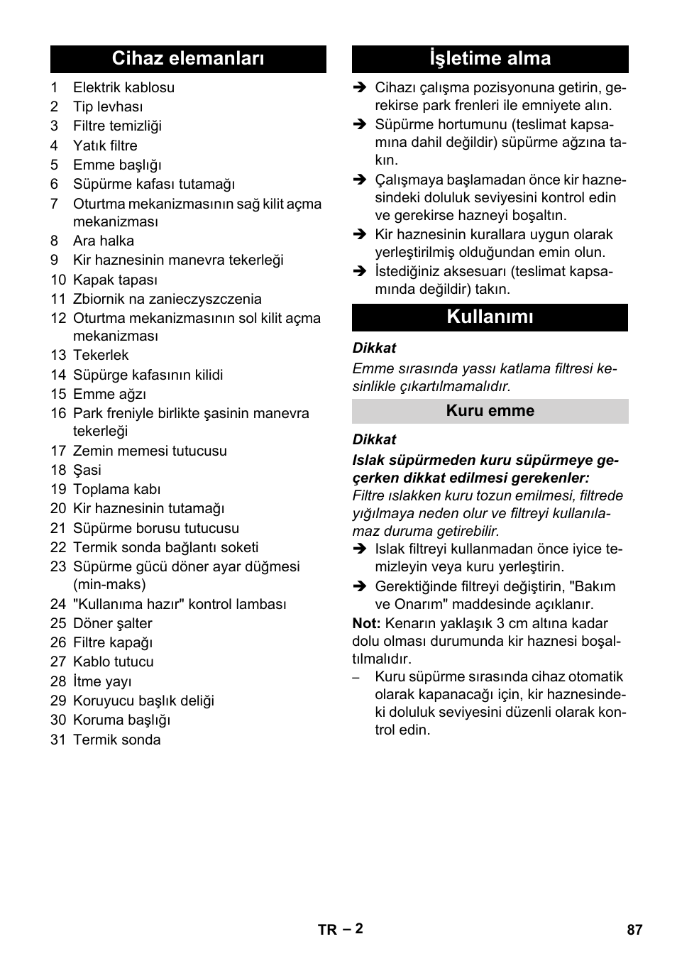 Cihaz elemanları işletime alma kullanımı | Karcher IVC 60-12-1 Tact EC User Manual | Page 87 / 188