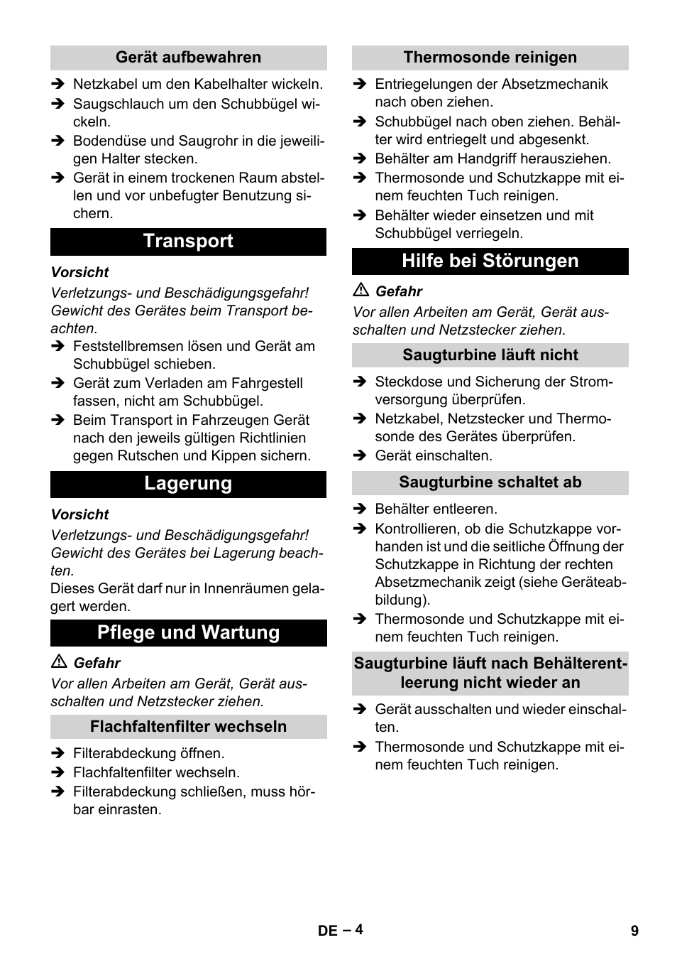 Transport lagerung pflege und wartung, Hilfe bei störungen | Karcher IVC 60-12-1 Tact EC User Manual | Page 9 / 188