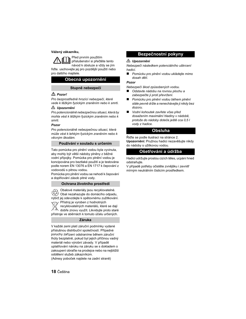 Obecná upozornění, Bezpečnostní pokyny obsluha ošetřování a údržba | Karcher BD 40-25 C Ep EU User Manual | Page 18 / 32