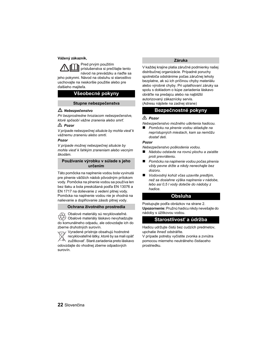 Všeobecné pokyny, Bezpečnostné pokyny obsluha starostlivosť a údržba | Karcher BD 40-25 C Ep EU User Manual | Page 22 / 32