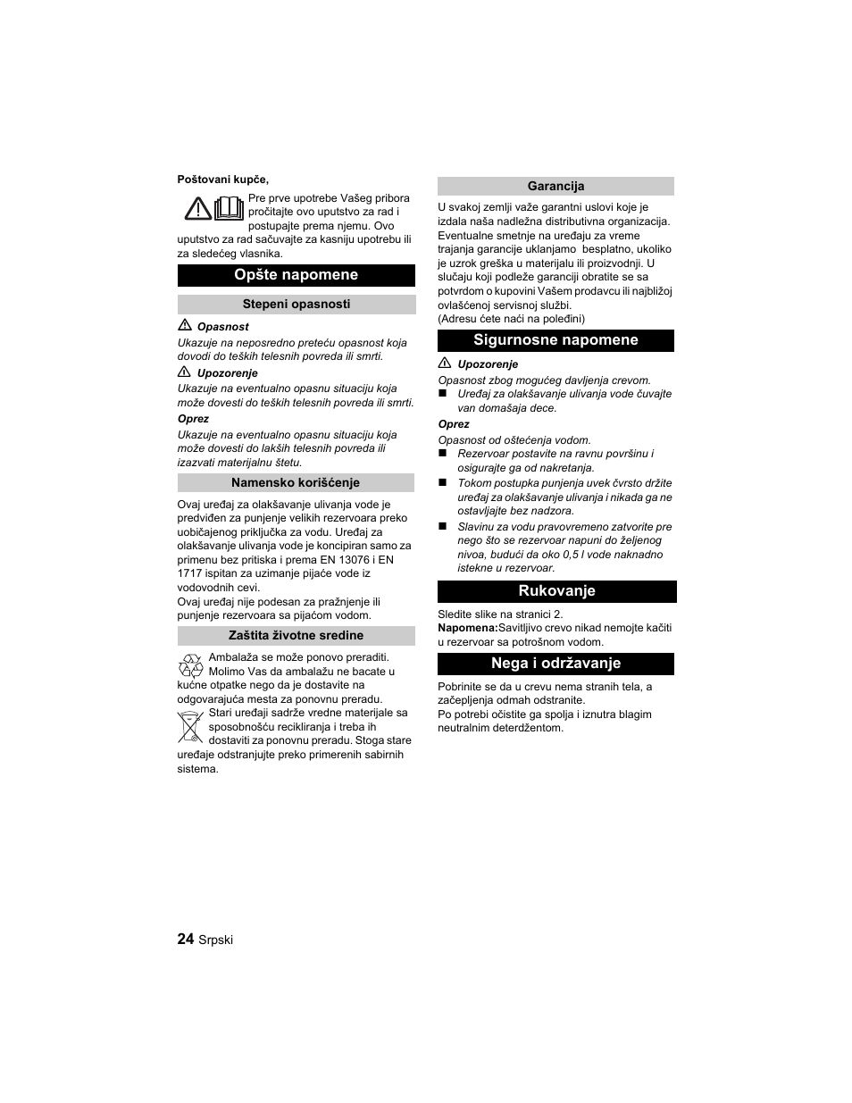 Opšte napomene, Sigurnosne napomene rukovanje nega i održavanje | Karcher BD 40-25 C Ep EU User Manual | Page 24 / 32