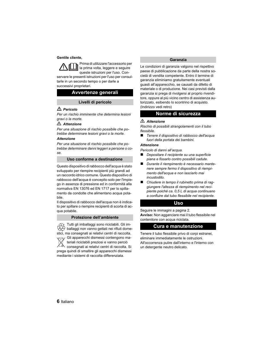Avvertenze generali, Norme di sicurezza uso cura e manutenzione | Karcher BD 40-25 C Ep EU User Manual | Page 6 / 32