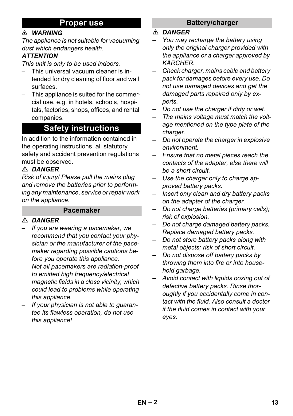 Proper use, Safety instructions, Pacemaker | Battery/charger, Proper use safety instructions | Karcher BV 5-1 Bp User Manual | Page 13 / 248