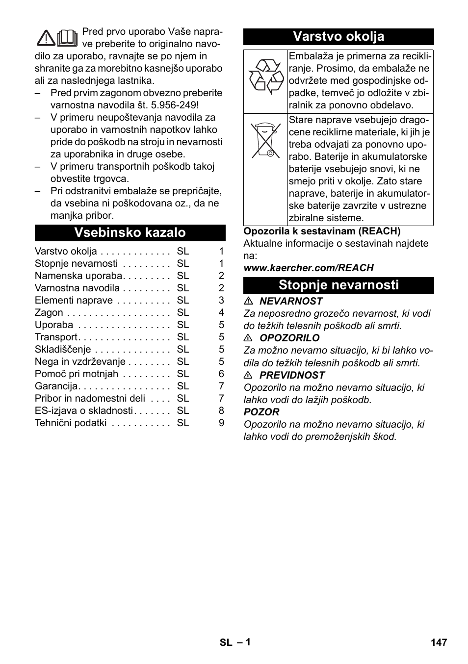 Slovenščina, Vsebinsko kazalo, Varstvo okolja | Stopnje nevarnosti | Karcher BV 5-1 Bp User Manual | Page 147 / 248