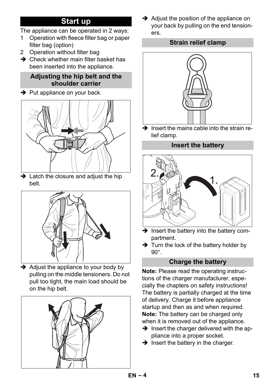 Start up, Adjusting the hip belt and the shoulder carrier, Strain relief clamp | Insert the battery, Charge the battery | Karcher BV 5-1 Bp User Manual | Page 15 / 248