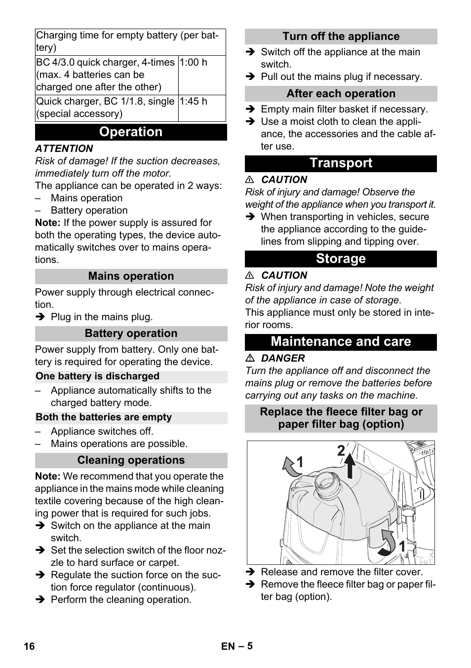 Operation, Mains operation, Battery operation | One battery is discharged, Both the batteries are empty, Cleaning operations, Turn off the appliance, After each operation, Transport, Storage | Karcher BV 5-1 Bp User Manual | Page 16 / 248