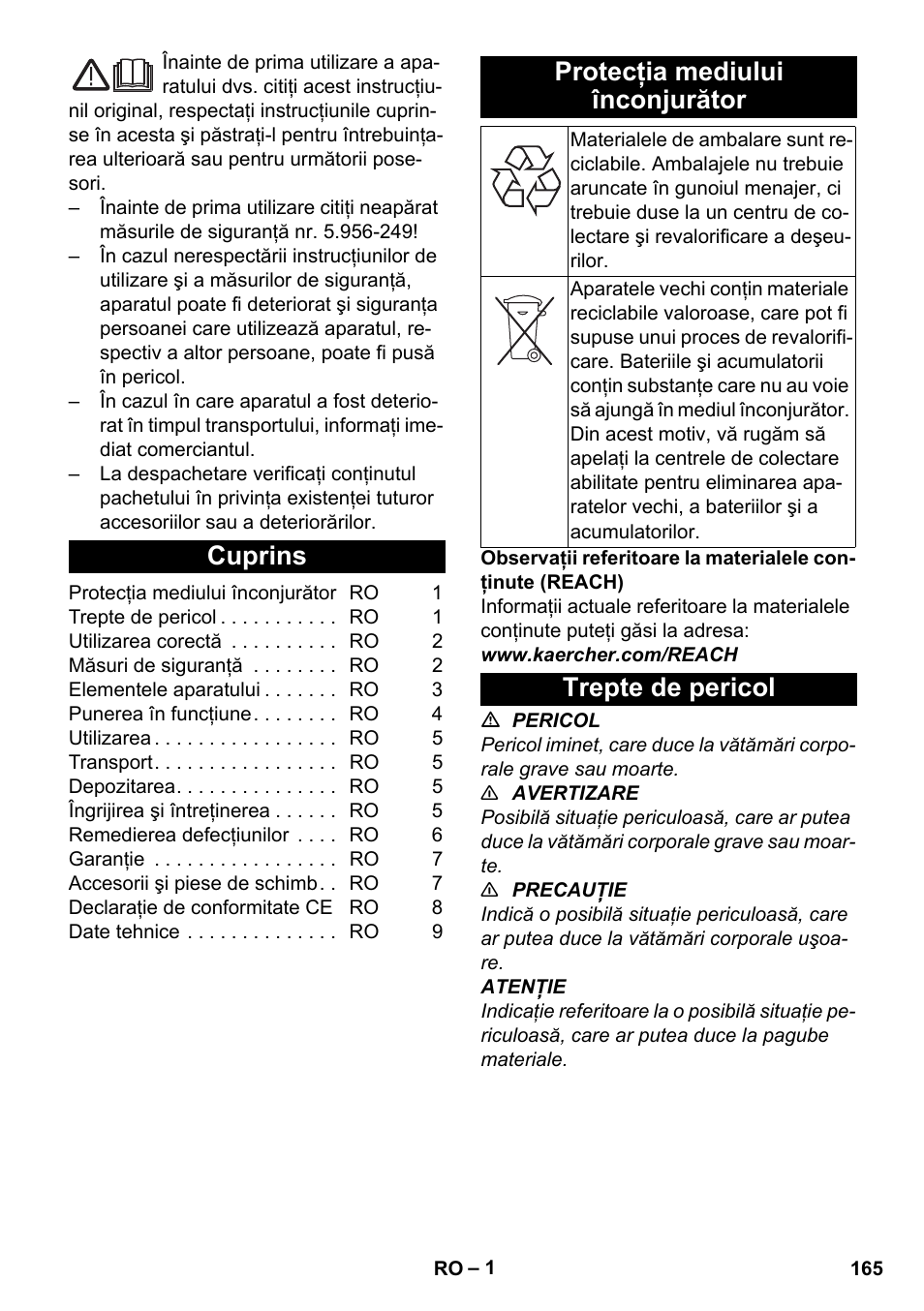 Româneşte, Cuprins, Protecţia mediului înconjurător | Trepte de pericol | Karcher BV 5-1 Bp User Manual | Page 165 / 248