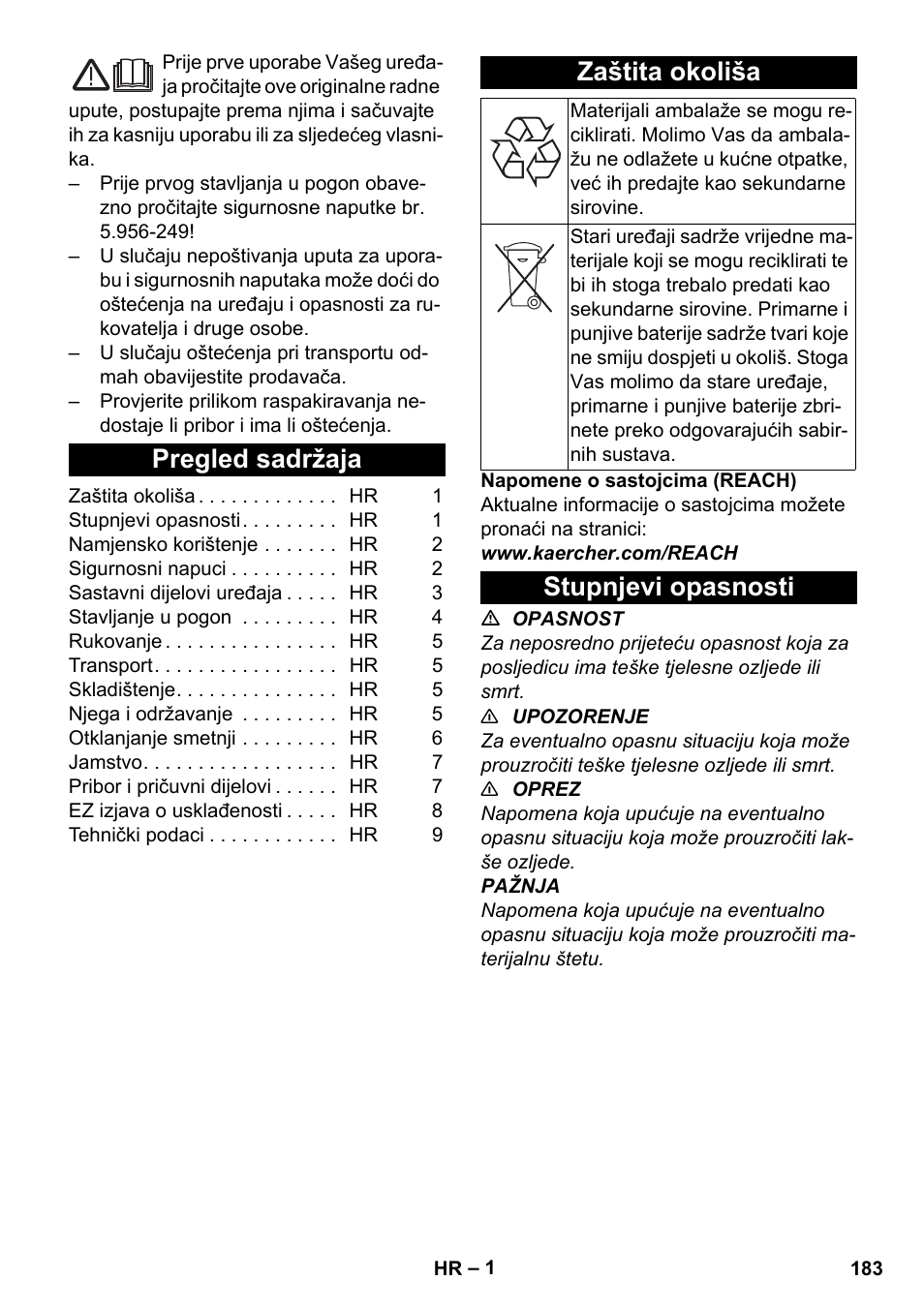 Hrvatski, Pregled sadržaja, Zaštita okoliša | Stupnjevi opasnosti | Karcher BV 5-1 Bp User Manual | Page 183 / 248