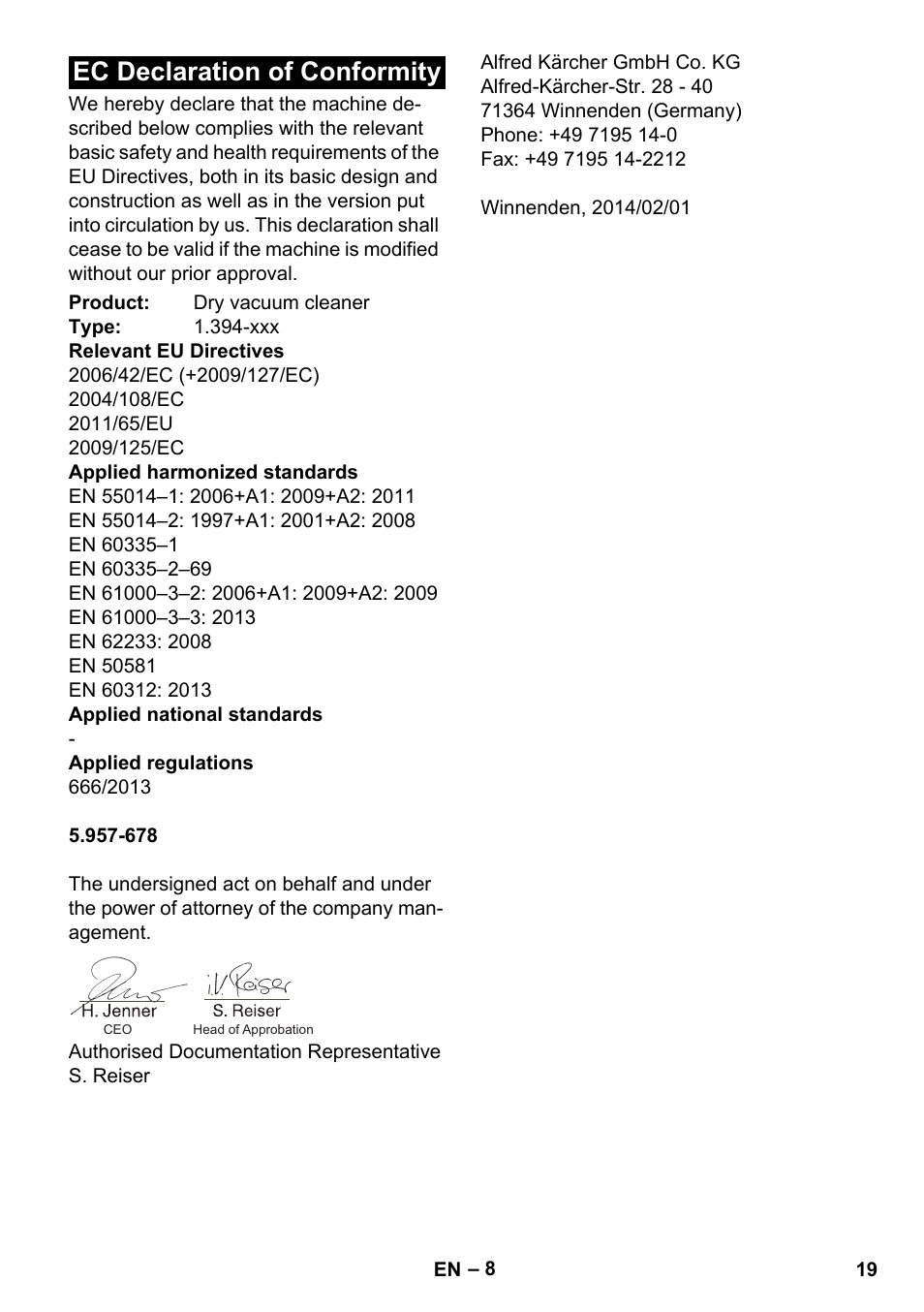 Ec declaration of conformity | Karcher BV 5-1 Bp User Manual | Page 19 / 248