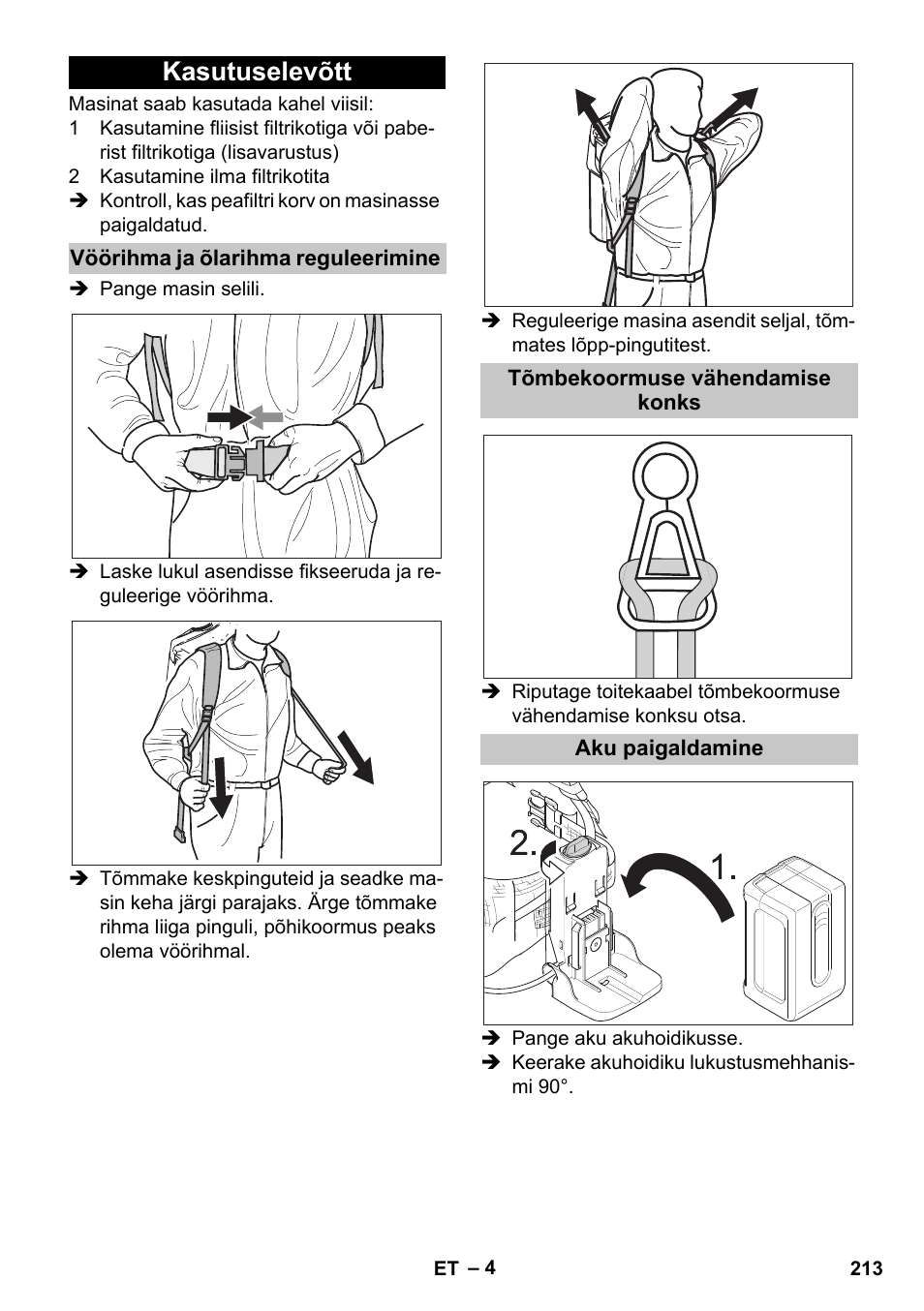 Kasutuselevõtt, Vöörihma ja õlarihma reguleerimine, Tõmbekoormuse vähendamise konks | Aku paigaldamine | Karcher BV 5-1 Bp User Manual | Page 213 / 248