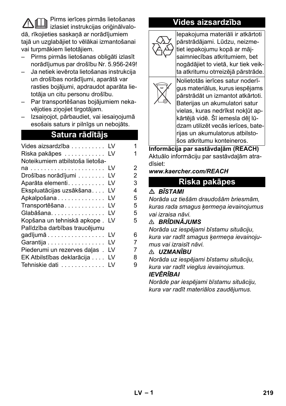 Latviešu, Satura rādītājs, Vides aizsardzība | Riska pakāpes | Karcher BV 5-1 Bp User Manual | Page 219 / 248