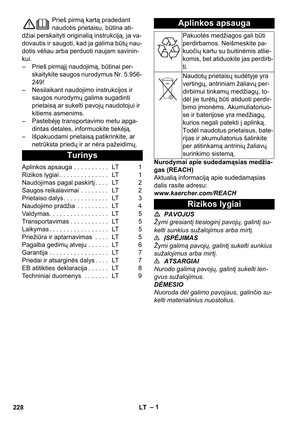 Lietuviškai, Turinys, Aplinkos apsauga | Rizikos lygiai | Karcher BV 5-1 Bp User Manual | Page 228 / 248