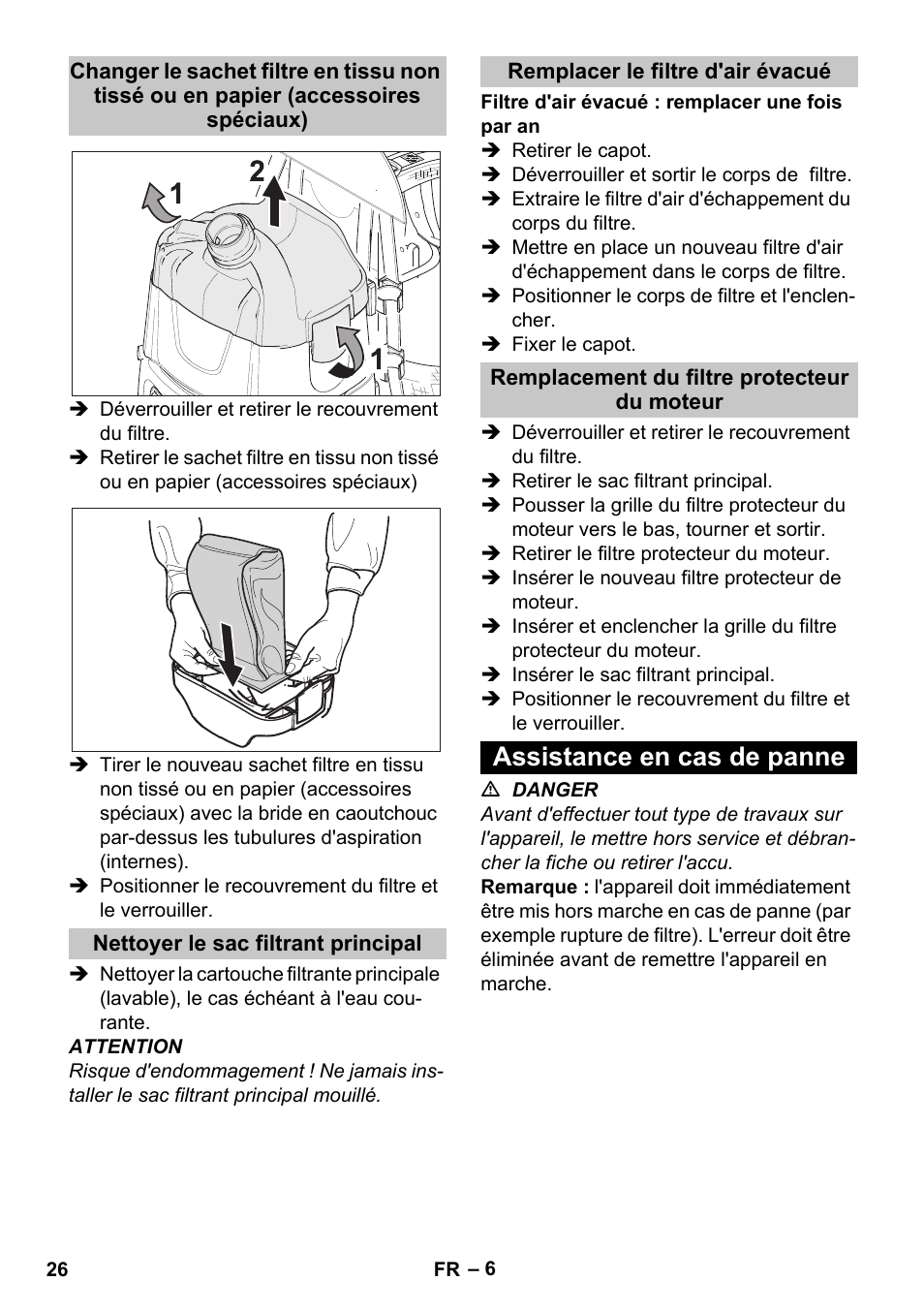 Nettoyer le sac filtrant principal, Remplacer le filtre d'air évacué, Remplacement du filtre protecteur du moteur | Assistance en cas de panne | Karcher BV 5-1 Bp User Manual | Page 26 / 248