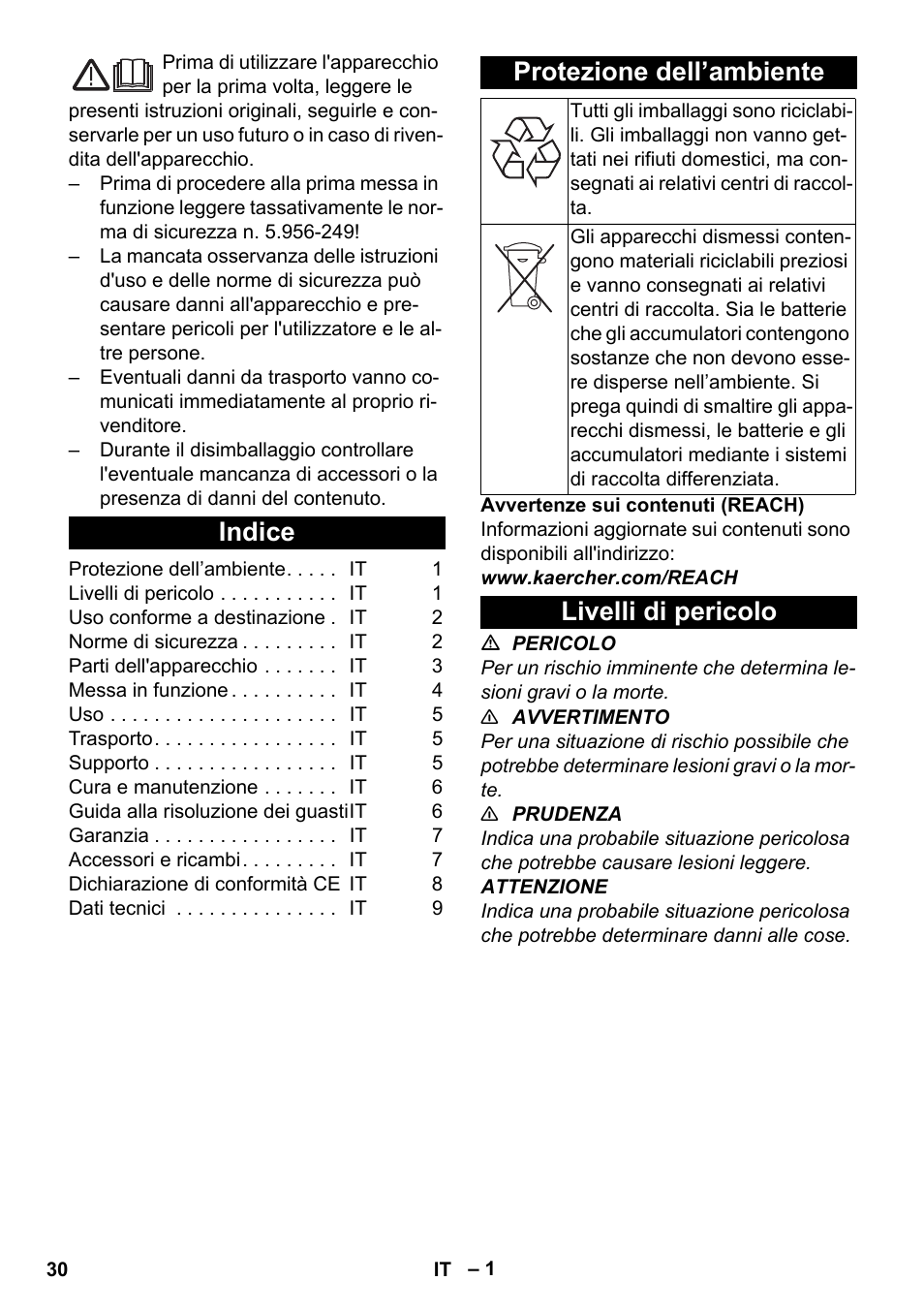 Italiano, Indice, Protezione dell’ambiente | Livelli di pericolo | Karcher BV 5-1 Bp User Manual | Page 30 / 248