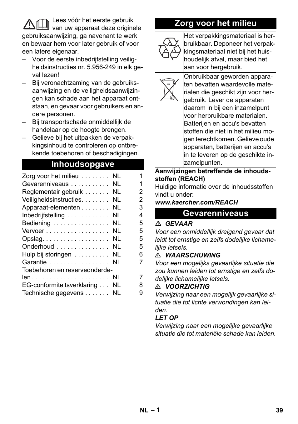 Nederlands, Inhoudsopgave, Zorg voor het milieu | Gevarenniveaus | Karcher BV 5-1 Bp User Manual | Page 39 / 248