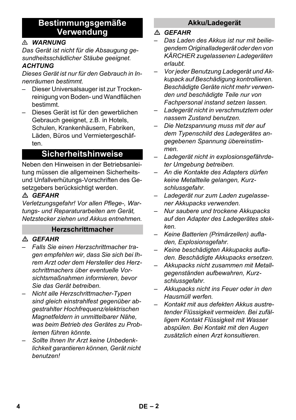 Bestimmungsgemäße verwendung, Sicherheitshinweise, Herzschrittmacher | Akku/ladegerät, Bestimmungsgemäße verwendung sicherheitshinweise | Karcher BV 5-1 Bp User Manual | Page 4 / 248