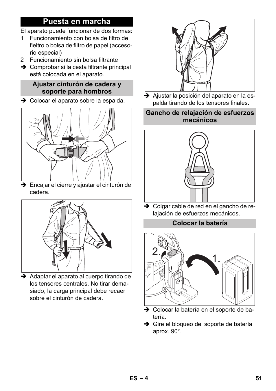 Puesta en marcha, Ajustar cinturón de cadera y soporte para hombros, Gancho de relajación de esfuerzos mecánicos | Colocar la batería | Karcher BV 5-1 Bp User Manual | Page 51 / 248