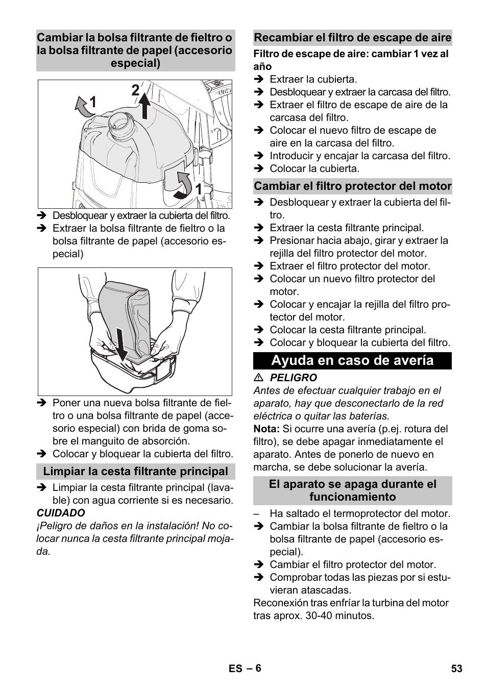 Limpiar la cesta filtrante principal, Recambiar el filtro de escape de aire, Cambiar el filtro protector del motor | Ayuda en caso de avería, El aparato se apaga durante el funcionamiento | Karcher BV 5-1 Bp User Manual | Page 53 / 248