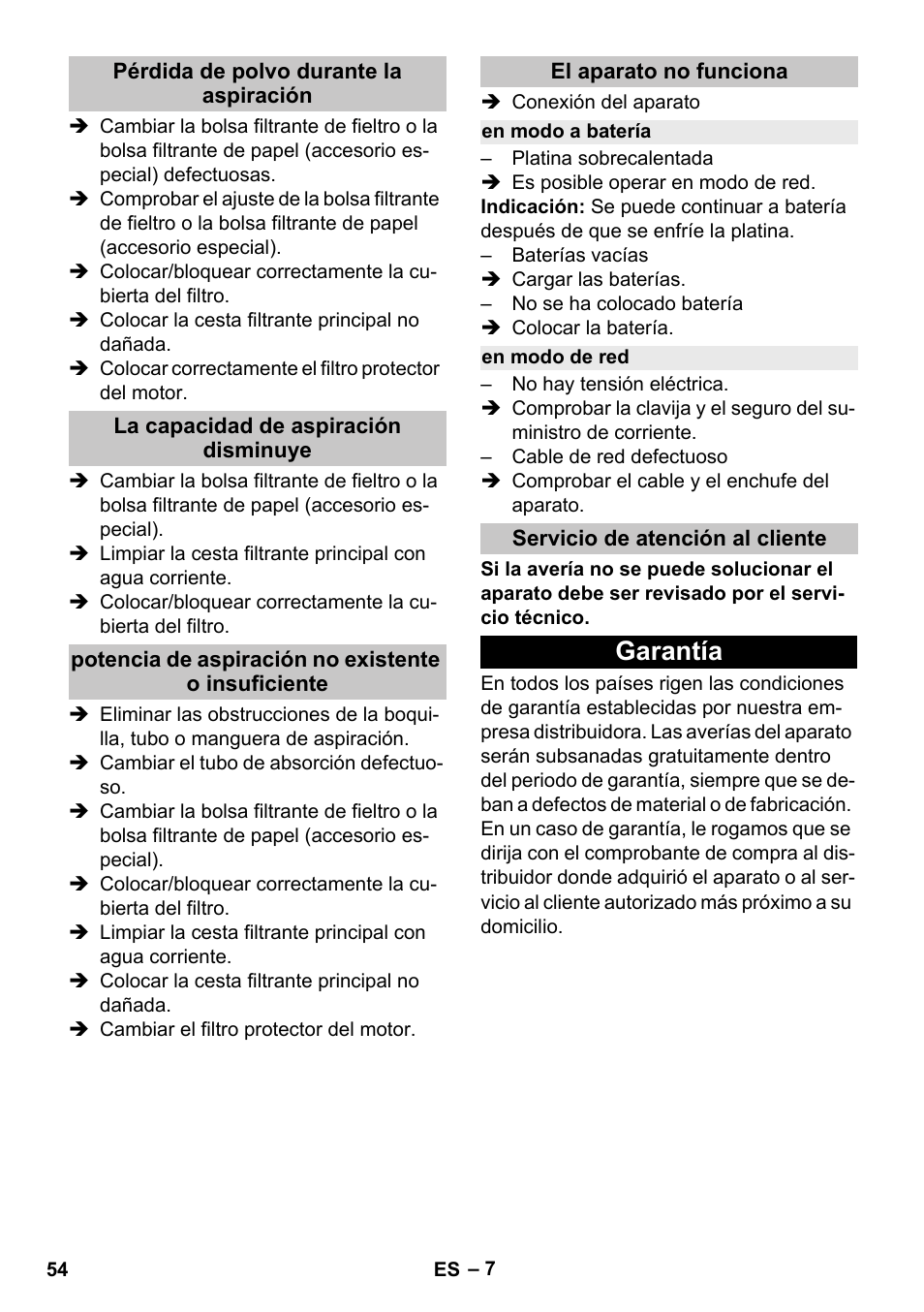 Pérdida de polvo durante la aspiración, La capacidad de aspiración disminuye, Potencia de aspiración no existente o insuficiente | El aparato no funciona, En modo a batería, En modo de red, Servicio de atención al cliente, Garantía | Karcher BV 5-1 Bp User Manual | Page 54 / 248