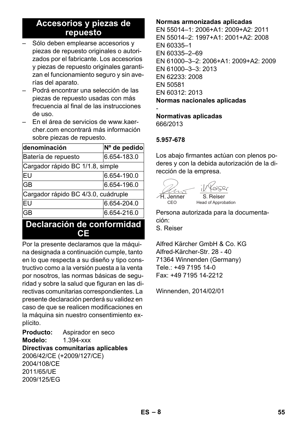 Accesorios y piezas de repuesto, Declaración de conformidad ce | Karcher BV 5-1 Bp User Manual | Page 55 / 248