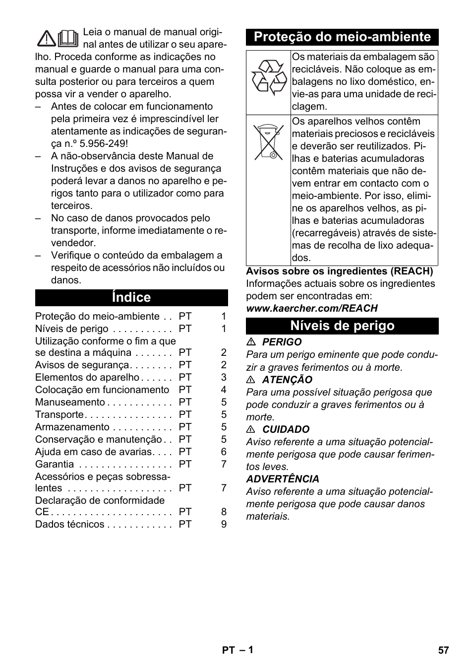 Português, Índice, Proteção do meio-ambiente | Níveis de perigo | Karcher BV 5-1 Bp User Manual | Page 57 / 248