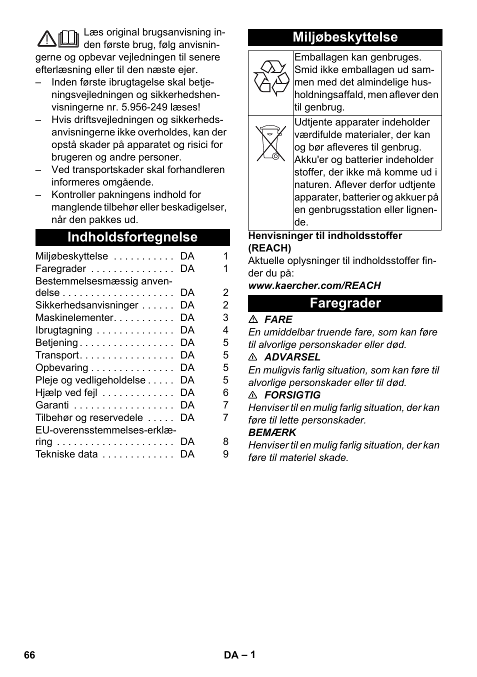 Dansk, Indholdsfortegnelse, Miljøbeskyttelse | Faregrader | Karcher BV 5-1 Bp User Manual | Page 66 / 248