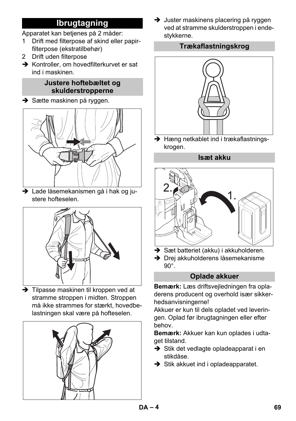 Ibrugtagning, Justere hoftebæltet og skulderstropperne, Trækaflastningskrog | Isæt akku, Oplade akkuer | Karcher BV 5-1 Bp User Manual | Page 69 / 248